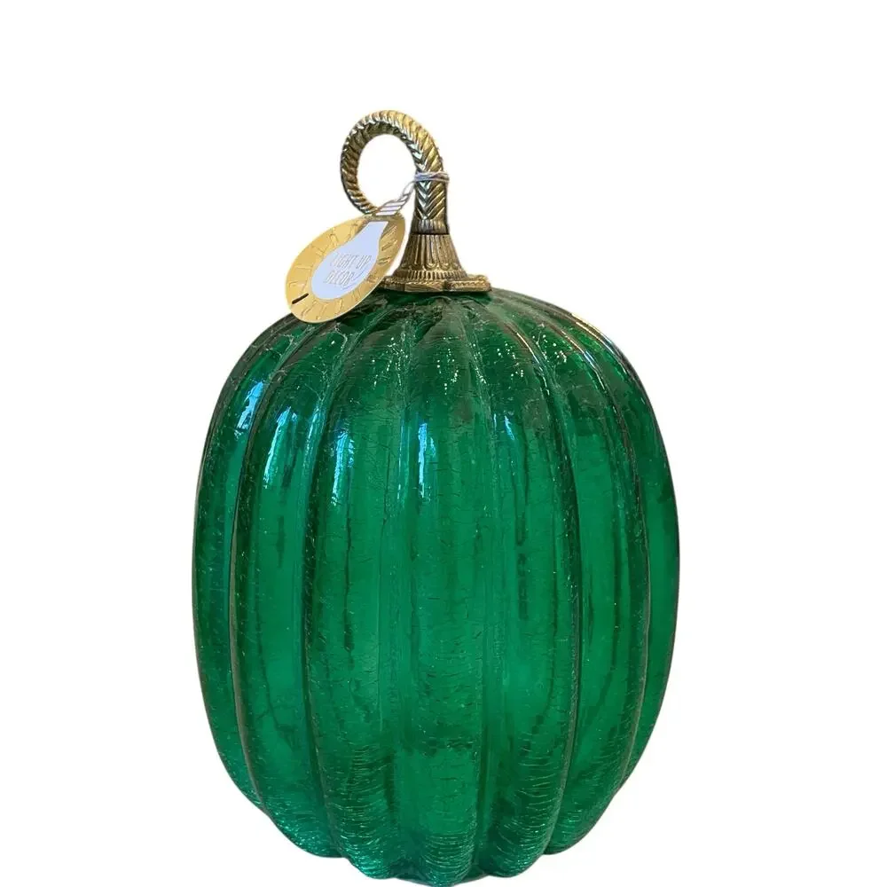Illuminated LED Green Glass Pumpkin Gold Metal Stem 12.5